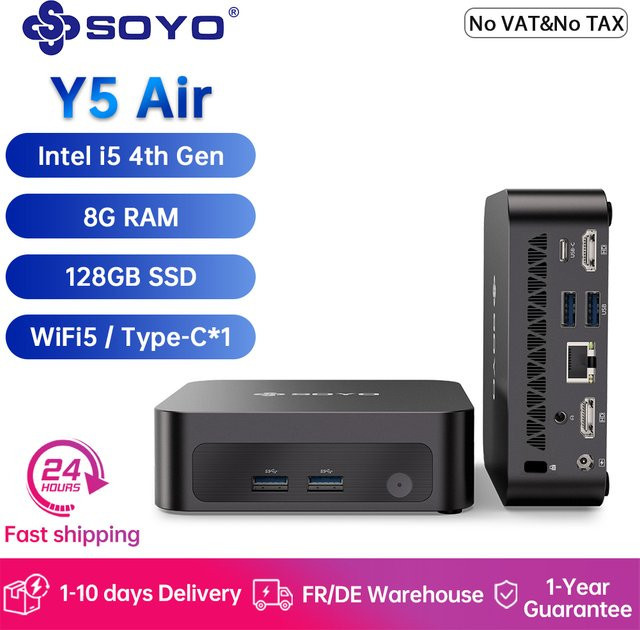 SOYO Mini-PC Y5 Air Desktop-Computer mit Intel Core i5, 8 GB RAM, 128 GB M.2 SSD, Dual 4K Display, WiFi 5, BT4.2 und USB-C in Schwarz - Bild 1