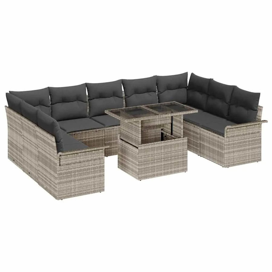 vidaXL Garten-Sofa-Set aus Poly Rattan in Hellgrau mit Kissen, 10-teiliges U-Shape Lounge-Set mit Tisch, Ecksofas, Mittelsitzen und Armlehnsesseln - Bild 2