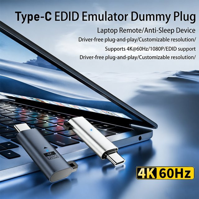 BSN USB-C Virtueller Display-Adapter Headless Ghost Dummy-Stecker für 4K UHD @60Hz und 1080P @120Hz in Silber/Grau - Bild 1