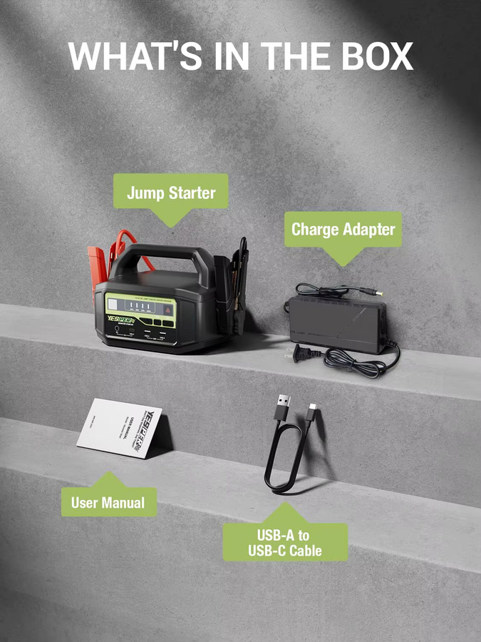 YESPER Starthilfegerät 12V/24V mit 6000A und 36400mAh Powerstation, Schwarz, für Benzin- und Dieselmotoren von Autos bis Booten, inklusive 3-Modus-LED - Bild 6
