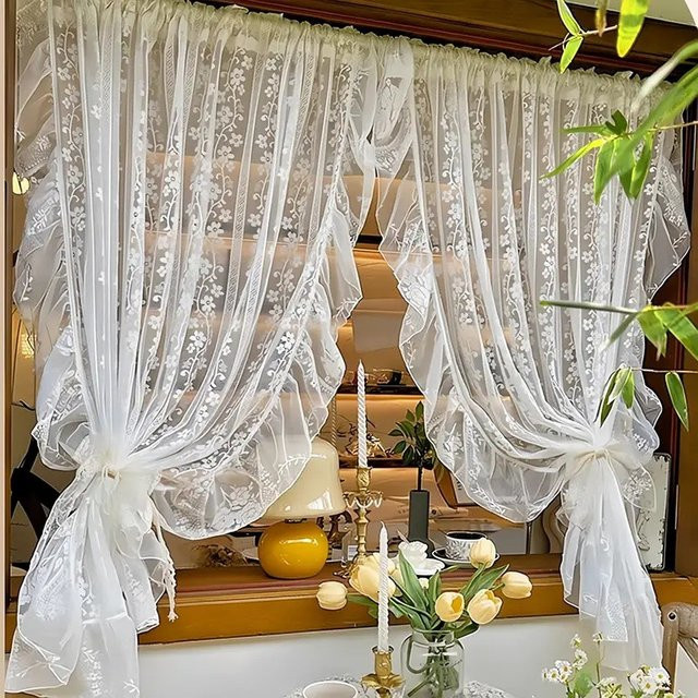 CENTURyMiG Transparentes Doppel-Vorhangset im Vintage-Stil mit floraler Spitze in Weiß, Breite: 100 cm, Höhe: 130 cm - Bild 1