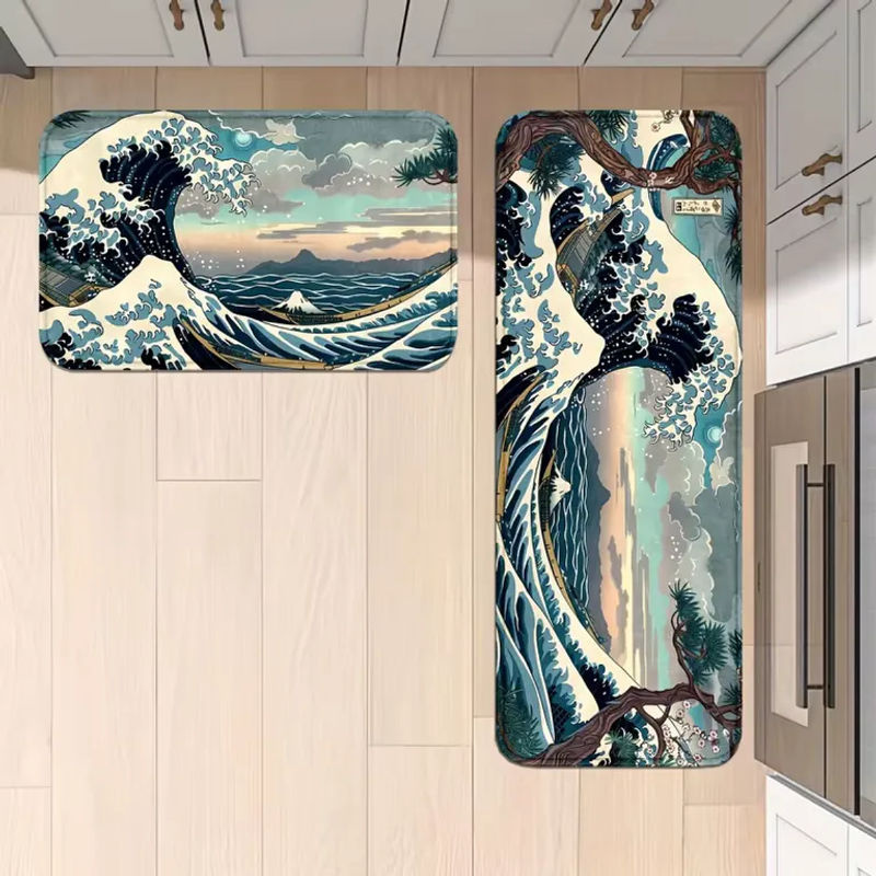 VIKAMA Küchenteppich Japanischer Ukiyo-e Kanagawa Surf, rutschfest und waschbar, Mehrfarbig - Bild 4