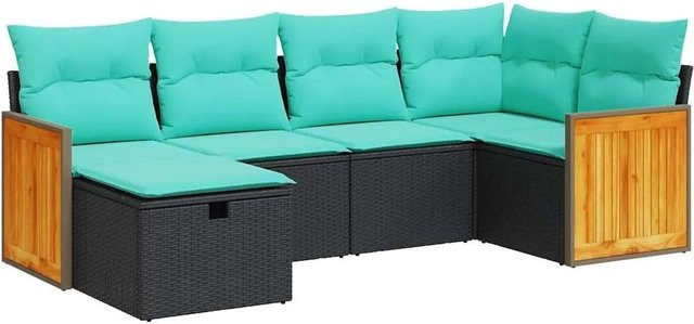 vidaXL 6-teilige Garten-Sofagarnitur aus Polyrattan in L-Form mit Kissen und Ottoman, Schwarz - Bild 1