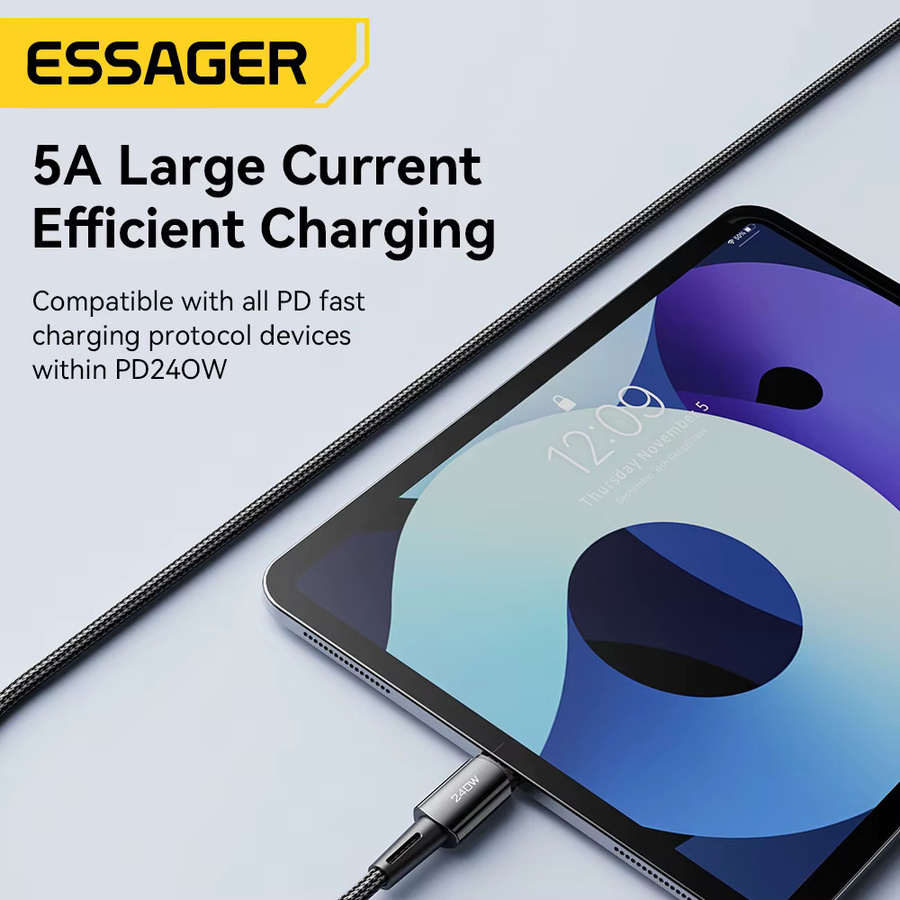 Essager USB-C Schnellladekabel mit 240 W Superschnellladung und 6 A für iPhone 15 Pro, Redmi K50, MacBook und Samsung in Schwarz oder Grau - Bild 3