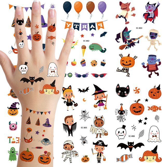 ROCOOART Cartoon-Halloween Temporäre Tätowierung, Kürbis-Geist-Ballon - Bild 1