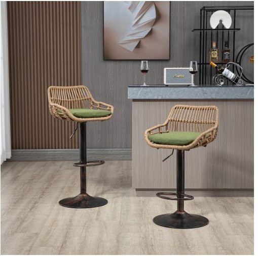 MUVOE Barhocker 2er-Set höhenverstellbar aus Metall und Rattan in Grün - Bild 1