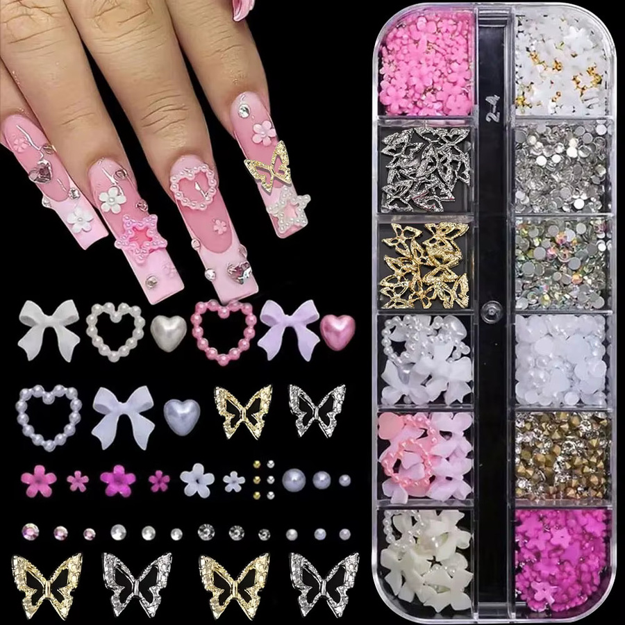 HotPress Nagel Charms Set, Schmetterling, Blume, Diamant, 12 Grids - Bild 3