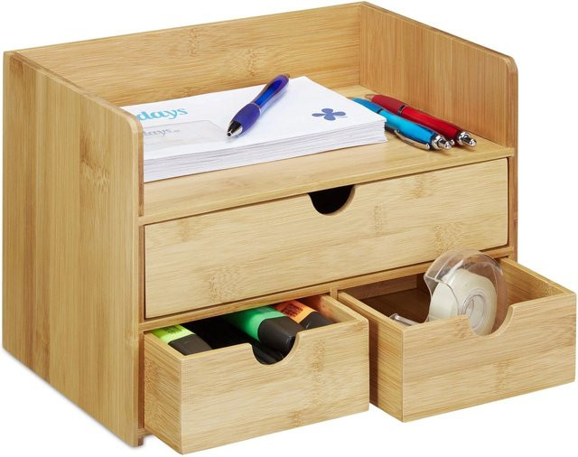 Relaxdays Schreibtisch Organizer aus Bambus in Natur mit Schubladen, B/T/H: 21 x 30 x 20 cm - Bild 1