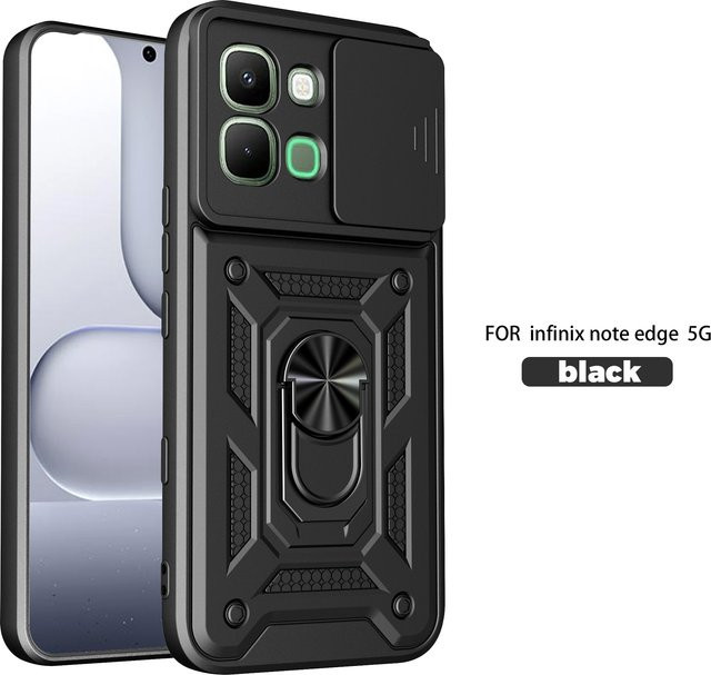 Infinix Note Edge Panzer-Handyhülle mit magnetischem Ringhalter und Schiebe-Kameraschutz in Schwarz und Silber - Bild 1