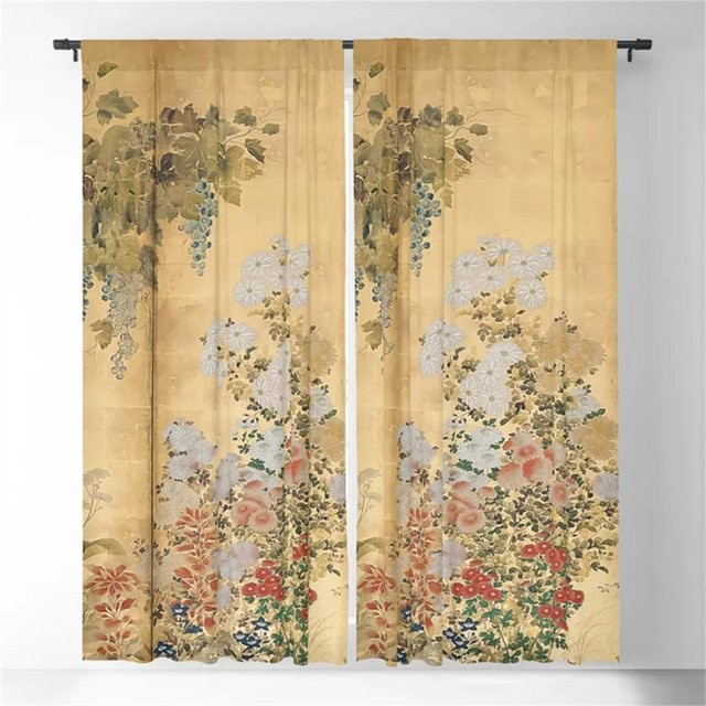 Japanische Edo-Periode Fensterdekoration mit Blattgold-Design, weiße und rote Chrysanthemen, halbtransparente Vorhänge aus Polyester, B/H: 60 x 150 cm, 2 Stück inklusive Haken - Bild 1