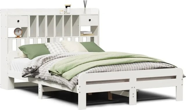 vidaXL Massivholzbett aus Kiefer mit Kopfteil und Regal in Weiß, B/T/H: 150 x 200 x 156 cm - Bild 1