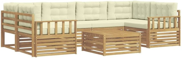 vidaXL Outdoor-Sofagarnitur in L-Form aus Akazienholz mit 7 Kissen in Weiß und Beige - Bild 1