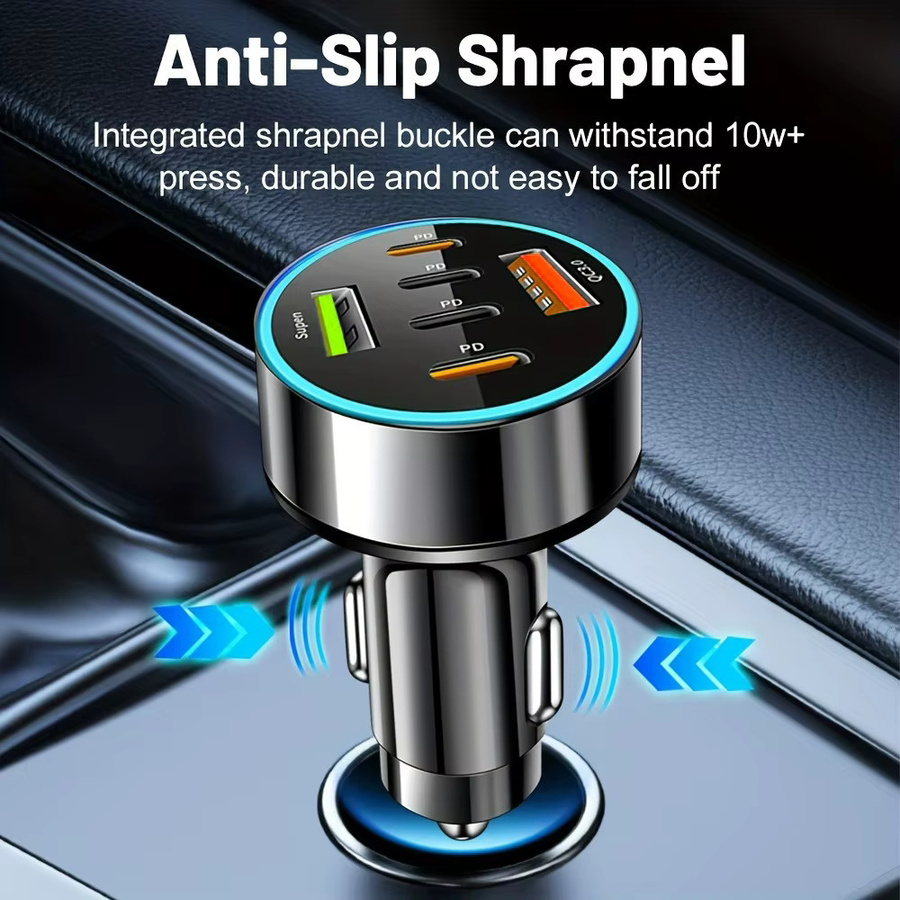 6 Ports USB C Autoladegerät mit PD und QC3.0 Schnellladung, Multi-Port Zigarettenanzünder-Adapter für iPhone, Samsung Galaxy und iPad Pro, Schwarz, 12-24V - Bild 3