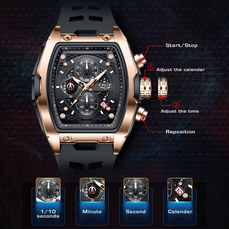 LIGE Chronograph, Quarz, Eckig, Silikon, Schwarz, Herren - Bild 3