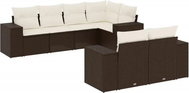 vidaXL 7-teilige Garten-Sofagarnitur in L-Form aus Polyrattan mit Kissen in Braun - Bild 1