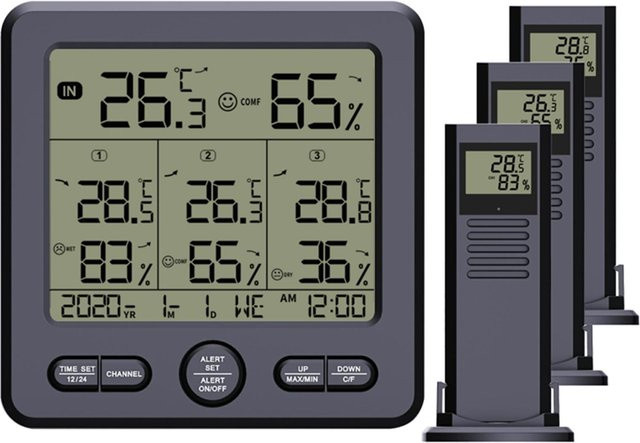 Koogeelife Digitales kabelloses Thermohygrometer für Innen und Außen mit 3 Fernsensoren und Hintergrundbeleuchtung, Schwarz - Bild 1