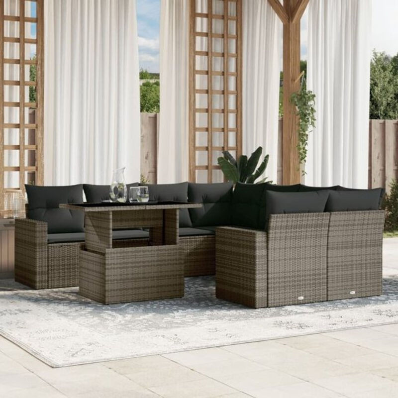 9-tlg. Garten-Sofagarnitur aus Poly-Rattan mit Kissen in Grau von vidaxl, modular segmentiert und modern - Bild 1