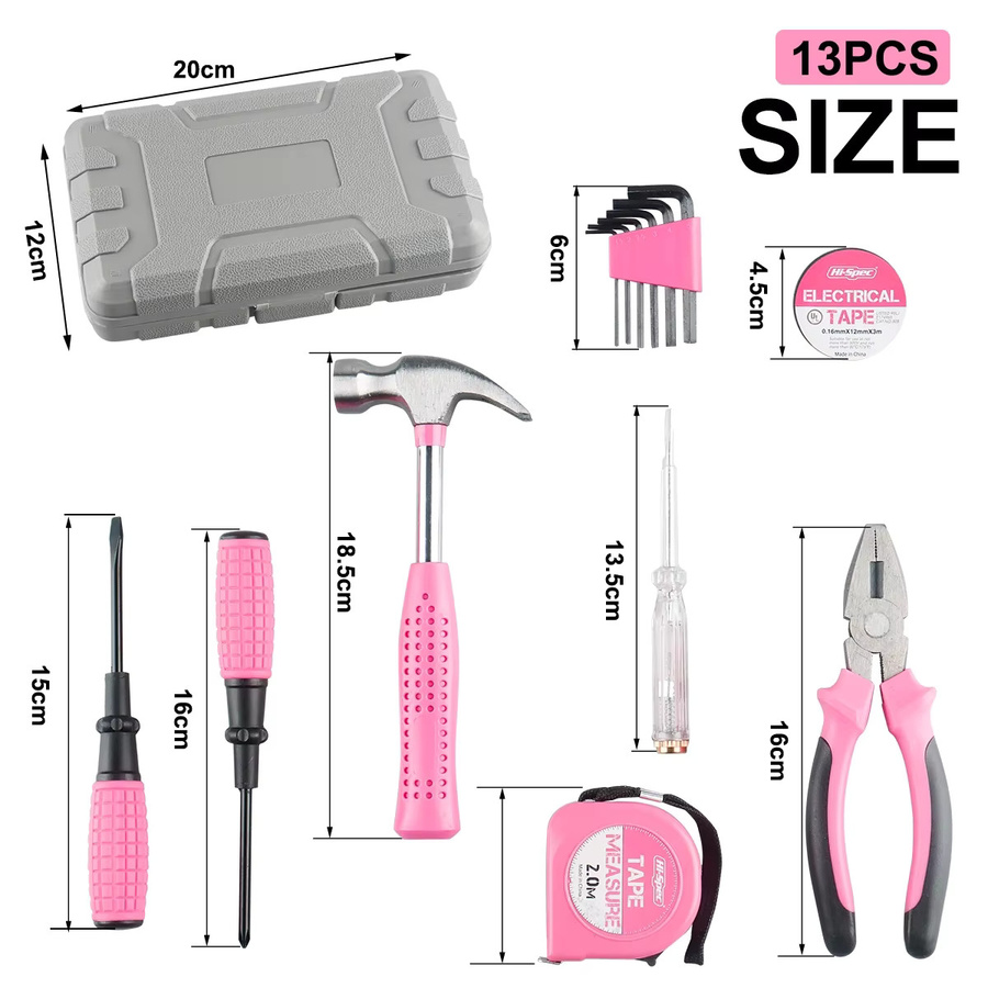 13-teiliges Handwerkzeug-Set in Pink mit Kunststoff-Werkzeugkoffer für Haus und Autoreparaturen - Bild 2