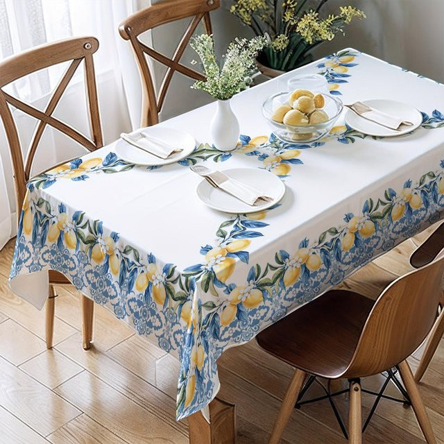 JMG Household Supplies Rechteckige Tischdecke mit Sommer Zitrone und blauem Blumenmuster, Wasserabweisend und Waschbar, B/L: 140 x 180 cm - Bild 1