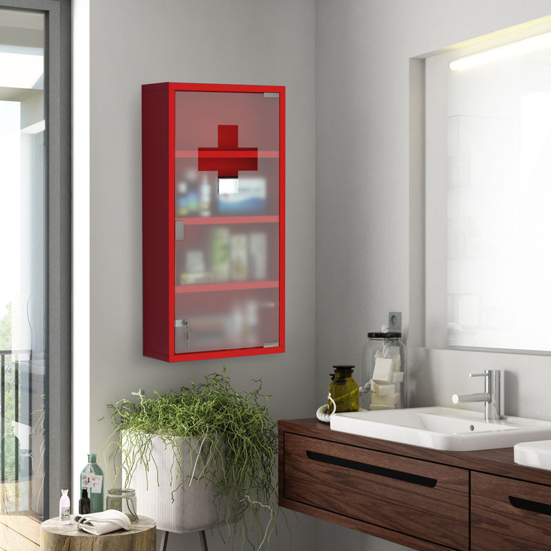 HOMCOM Medizinschrank mit Mattglastür und Schloss in Rot, Wandmontage, B/H/T: 27 x 57 x 12 cm - Bild 2