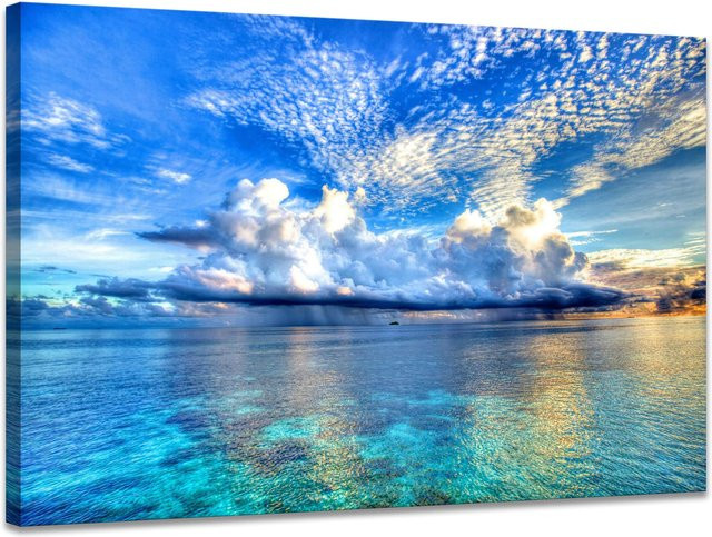 SKASNFAI Meereslandschaft Leinwand Wandkunst Blaues Meer Sonnenlicht Gemälde mit Holzrahmen für deine Heim- und Bürodekoration - Bild 1