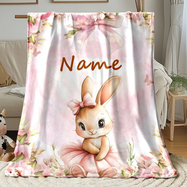 VIKAMA Osterhasen-Decke mit Blumenmuster und Schleifen in Pink, weiche Wurfdecke für Wohnzimmer, Schlafzimmer und Babyzimmer, B/T: 90 x 60 cm - Bild 1