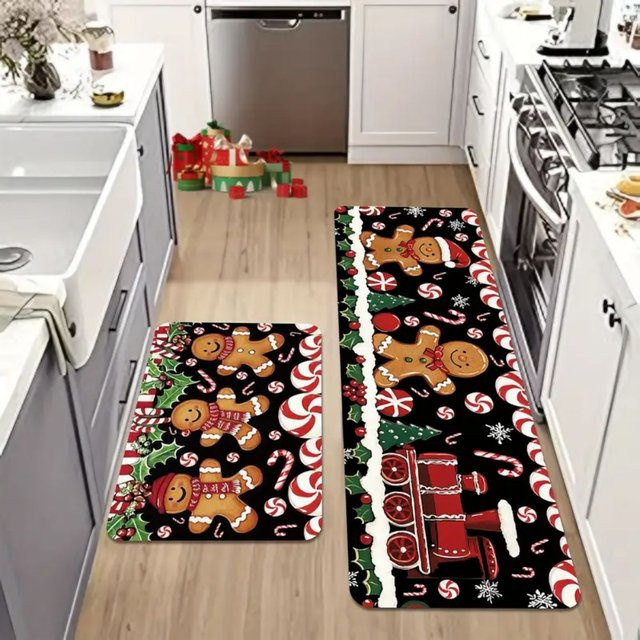 VIKAMA 2-teiliges Weihnachtsteppich-Set in Multicolor, rutschfest und schmutzabweisend, Baumform für Badezimmer und Küche, B/T/H: 120 x 40 x 2 cm und 60 x 40 x 2 cm - Bild 1