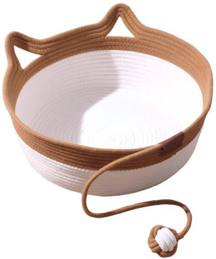 Handgeflochtener Seil-Katzenkorb in Kamelfarben mit integriertem Seilknotenball und Katzenohren, Größe Small - Bild 1