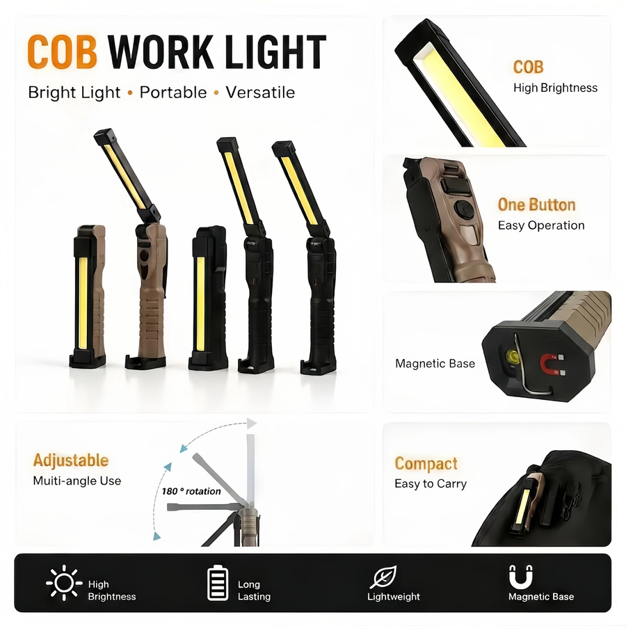 Heinast USB-wiederaufladbare LED-Arbeitsleuchte, 800 Lumen COB-Laterne in Schwarz mit eingebautem Akku - Bild 4