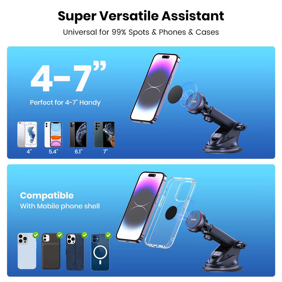 TOPK Magnetischer Autotelefonhalter in Schwarz mit starker Saugnapfhalterung für Armaturenbrett oder Windschutzscheibe, 360 Grad verstellbarer Handyhalter mit langem Arm - Bild 5