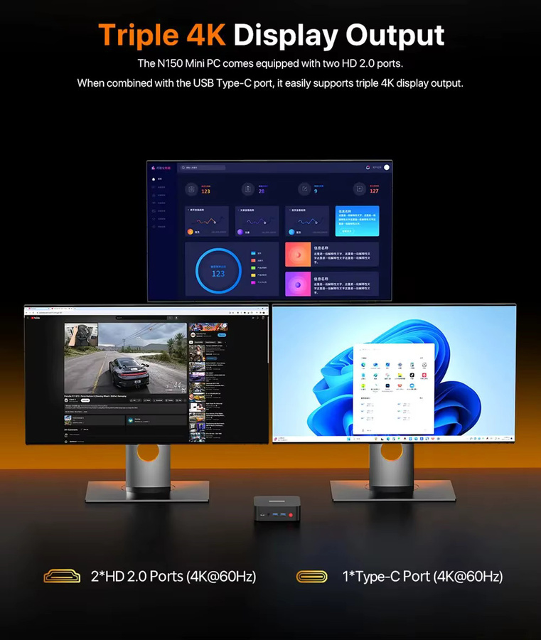 Peladn WI-8 Mini-PC mit Intel Twin Lake N150, 16 GB DDR4, 512 GB SSD, Windows 11, Wifi 5.0, Bluetooth 4.2, Triple-Display und Dual Lan in Schwarz - Bild 3