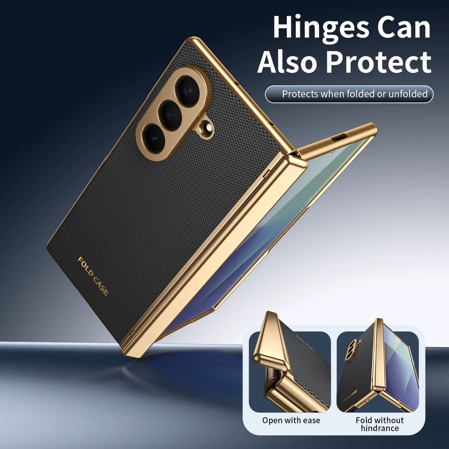 Stoßfeste Leder-Handyhülle mit Scharnierschutz und goldenem Rand für Samsung Galaxy Z Fold 7, 6, 5, 4, 3 in Schwarz, Blau oder Gold - Bild 6