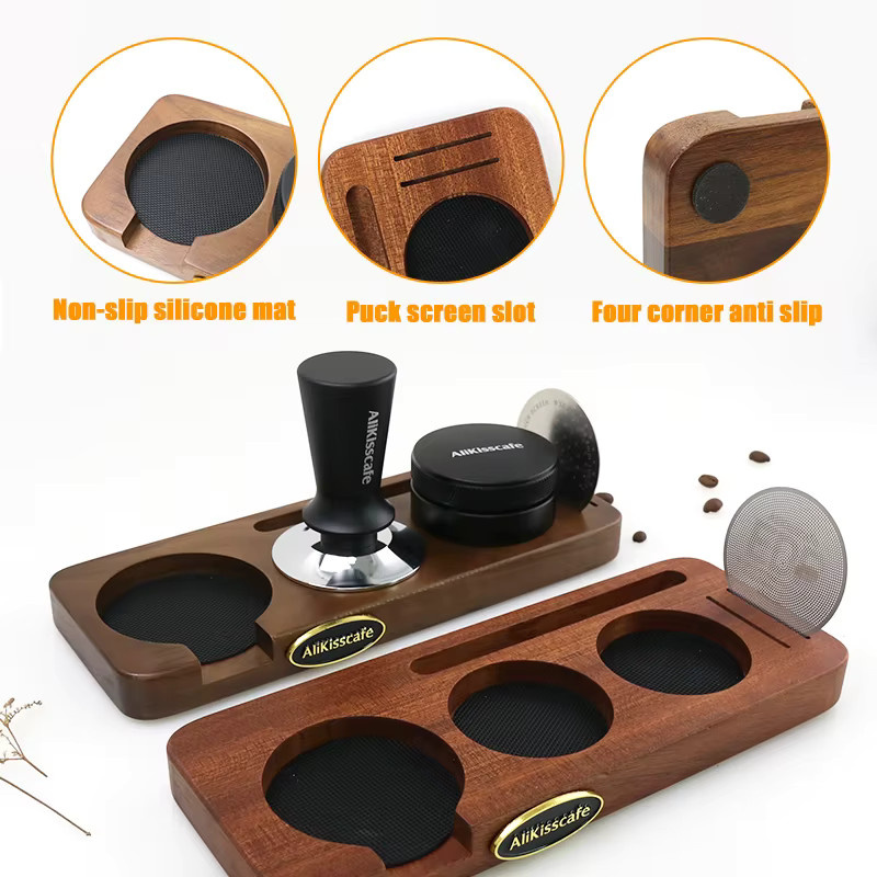 ALIKISSCAFE Kaffeetopf-Station Mattenständer mit Walnuss- und Buchenholz-Basis für 51mm, 54mm und 58mm Espresso Siebträger, Braun - Bild 2