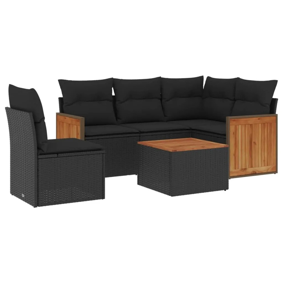 vidaXL 6-tlg Garten-Sofagarnitur in L-Form aus Polyrattan und Akazienholz mit Kissen, Schwarz - Bild 2