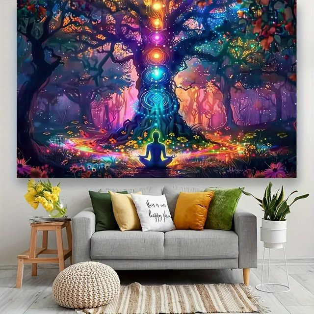 VIKAMA Chakra Baum des Lebens Wandteppich mit Mandala Design in Multicolour, Boho Wandbehang für Yoga und Meditation, B/H: 40 x 40 cm - Bild 1