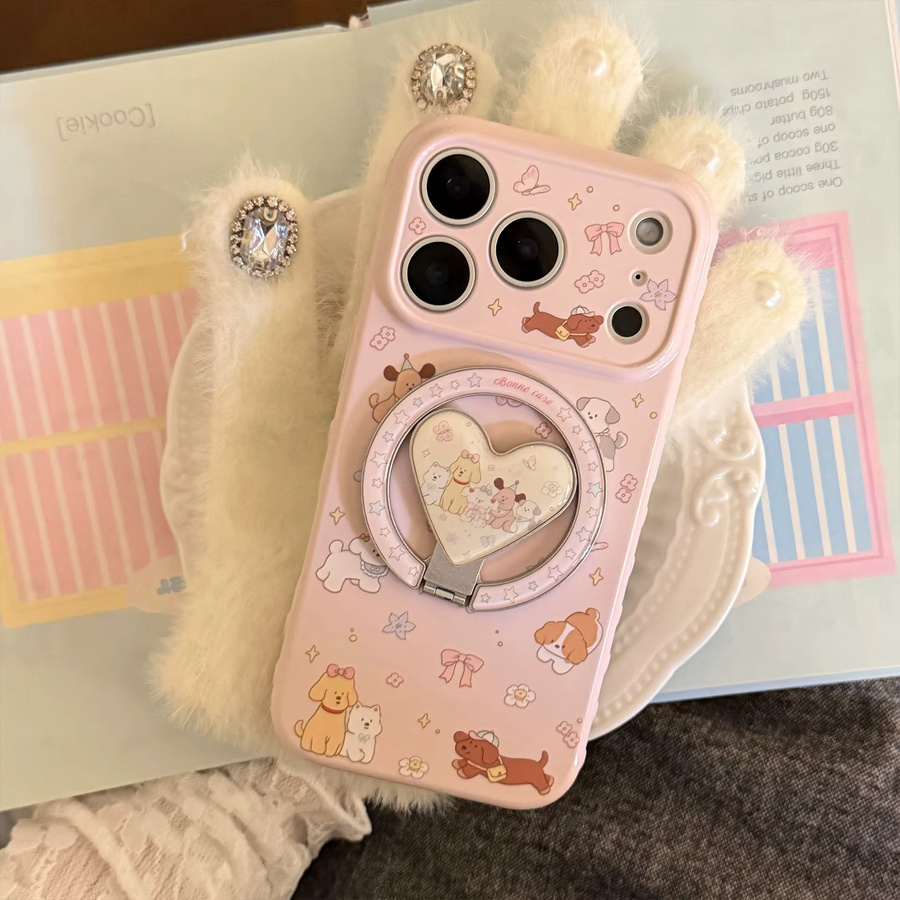 Stoßfeste Apple iPhone Handyhülle mit Koreanischem Cartoon-Welpen-Design und Herz-Magnetständer in Gelb für iPhone 17 16 15 14 13 Pro Max - Bild 3