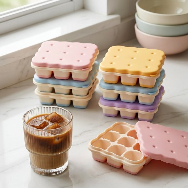 WORTHBUY Mini Eiswürfelform mit Deckel aus Kunststoff, 9 Fächer, wiederverwendbare Eiswürfelschale für Getränke und Whisky, Multicolour - Bild 1