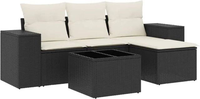 vidaXL 5-tlg Garten-Sofagarnitur in L-Form aus schwarzem Poly-Rattan mit Kissen und Metallrahmen - Bild 1