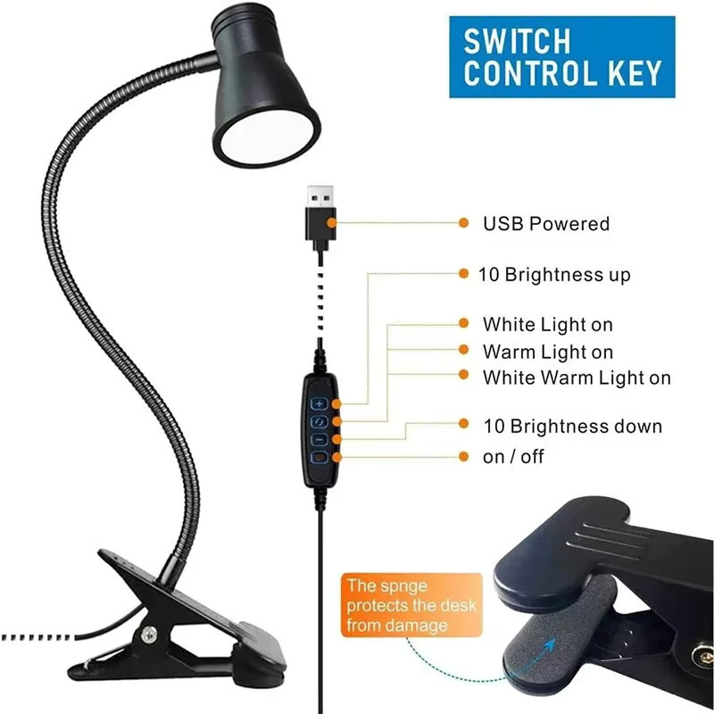 Lyfs Clip-On LED-Schreibtischlampe in Schwarz mit stufenlosem Dimmer, Timer und USB-Anschluss für Home-Office und zum Lesen - Bild 2