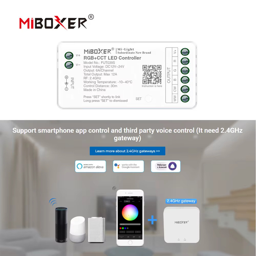MiBoxer LED-Controller FUT038S+FUT088 RGBW 2,4GHz RF Wireless für COB und LED-Streifen, DC12-24V, 6A/Ch, 16 Millionen Farben - Bild 2