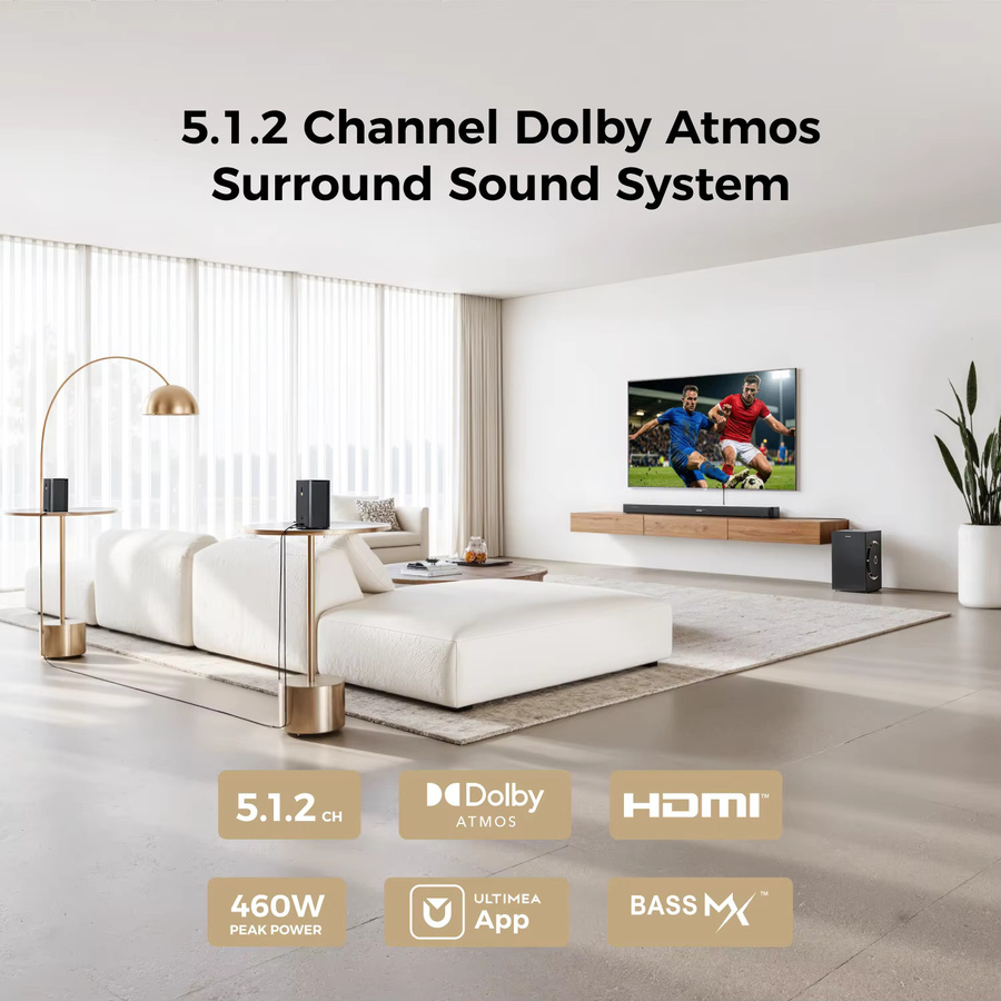 ULTIMEA Skywave F40 Soundbar 5.1.2-Kanal Surround-Sound-System mit Dolby Atmos, Subwoofer und 2 Surround-Lautsprechern in Schwarz - Bild 2