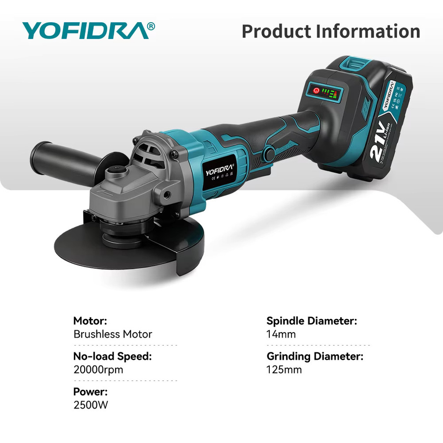 YOFIDRA Bürstenloser Winkelschleifer 125 mm mit 3 Gängen, kabellose Schleifmaschine für Makita LXT Akkus zur Holzbearbeitung und zum Schneiden - Bild 2