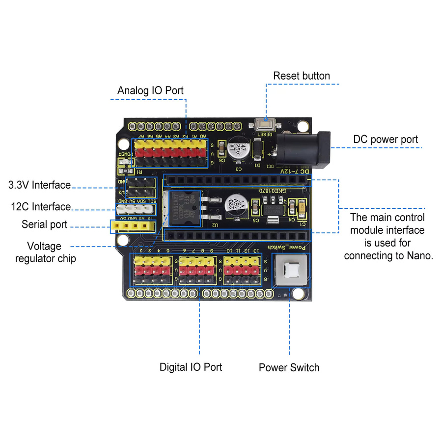Keyestudio Nano Shield I2C-Erweiterungsboard in Schwarz, kompatibel mit Arduino Nano R4 Entwicklungsboard - Bild 3