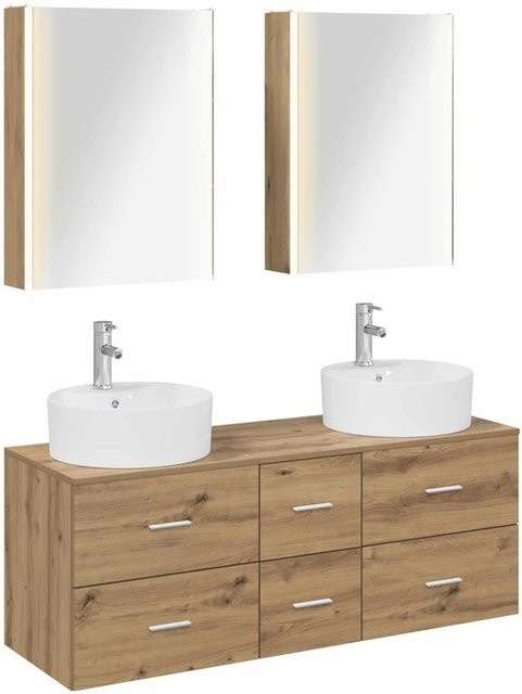 vidaXL Badezimmermöbel-Set 5-teilig in Artisan-Eiche und Glas, modern mit LED-Beleuchtung und Waschtischunterschrank, Braun - Bild 1