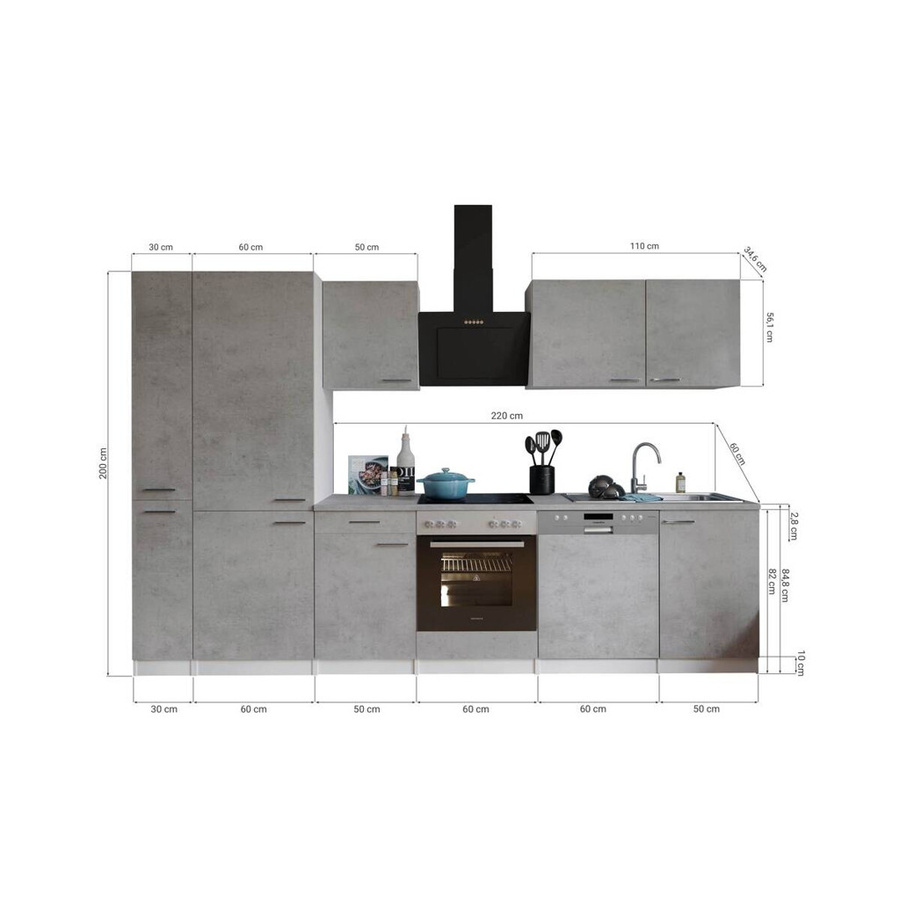 Respekta Küchenblock Malia in Beton-Optik mit Kühl- und Gefrierkombination, Grau-Weiß, B/H/T: 310 x 200 x 60 cm - Bild 2