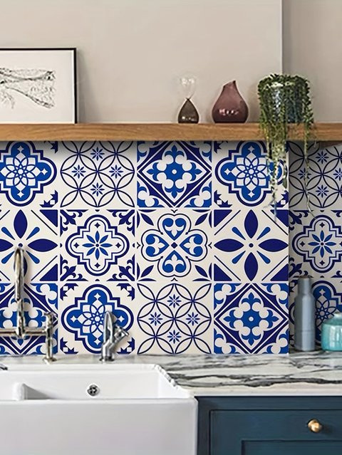 Selbstklebende Tapete mit geometrischem Muster in Blau, ölbeständige Fliesentapete für Küche und Badezimmer, 1 Rolle - Bild 1