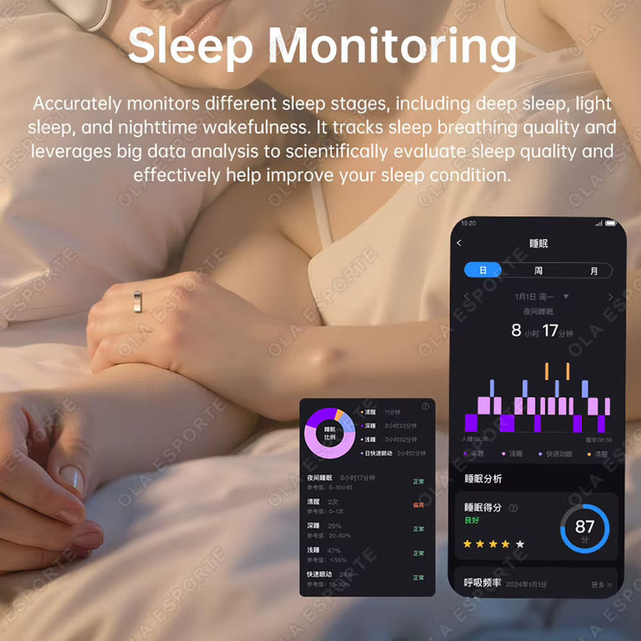 Ola Esporte Smart Ring in Schwarz mit Vibrationsalarm, Herzfrequenz- und Schlafüberwachung sowie Nachrichtenbenachrichtigung, wasserdicht und Unisex - Bild 2