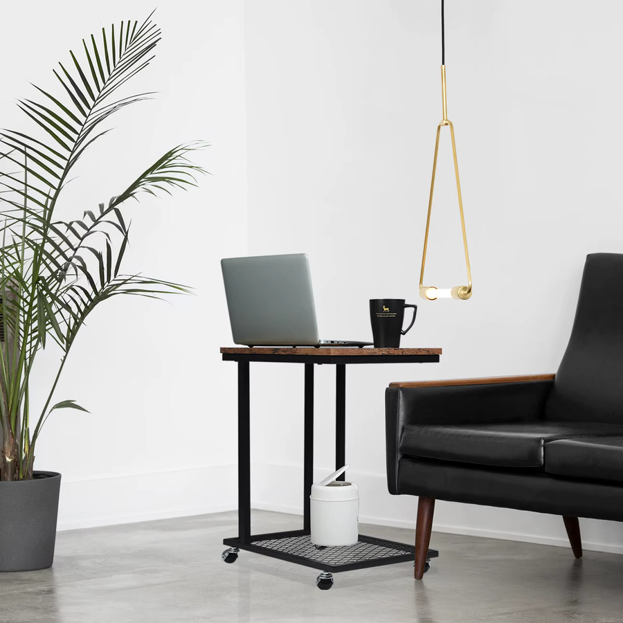 WOLTU C-förmiger Couchtisch im Industrial-Design mit Rollen und Gitter-Ablagefach aus Metall in Matt - Bild 4