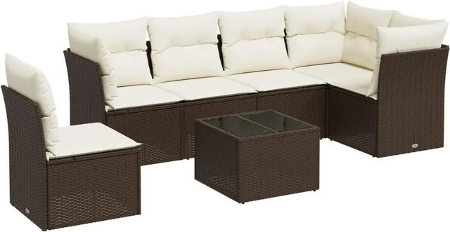vidaXL 7-teilige Garten-Sitzgruppe aus Polyrattan in L-Form mit Kissen, Braun - Bild 1