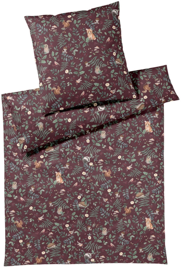 Elegante Mako Jersey Bettwäsche mit Waldtier-Motiv in Dunkelrot, Set bestehend aus Bettbezug und Kissenbezug, B/H: 155 x 220 cm, Kissen: 80 x 80 cm - Bild 1